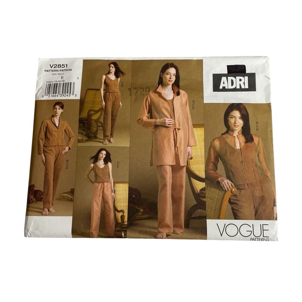 Vintage ADRI VOGUE Sewing Pattern V2851 Shirt Jacket Top Pants 14, 16, 18 UC